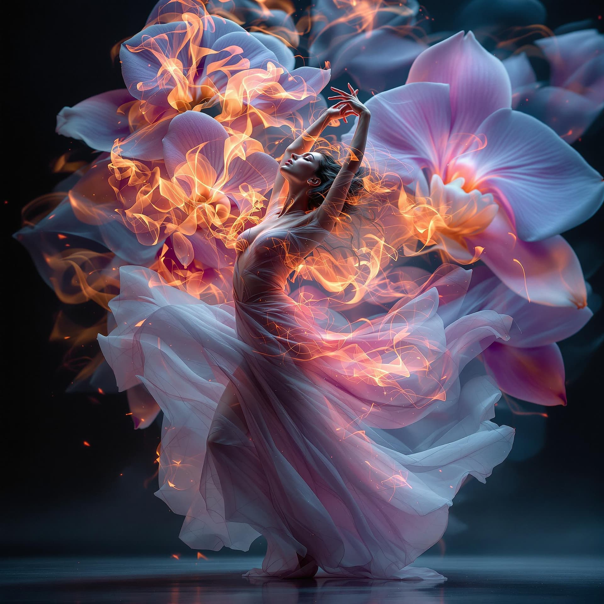 AI generated: triple exposure photograph of an ethereal dancer in flowing fabrics surrounded by large orchid petal...