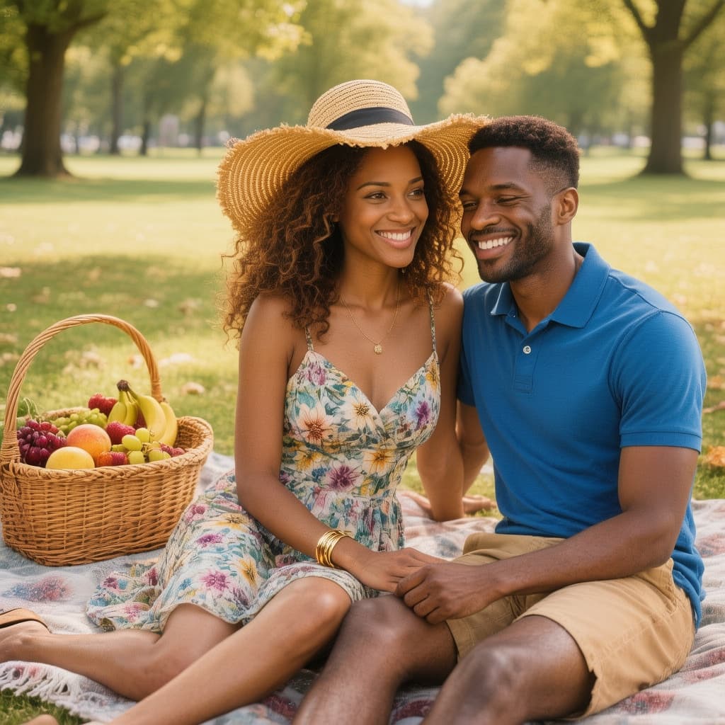 AI generated: An African American couple is having a picnic in a park.  She has long brown curly hair and is weari...