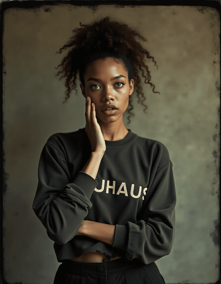 AI generated: tintype, Bauhaus Fashion upper body photo of a 24-year-old Mi’kmaq-Cuban female enchanting witchy wo...