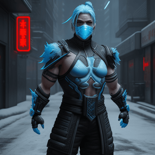 AI generated: Mortal Kombat Frost, cyberpunk, outdoor, street, ice blue, hyperrealism, photorealistic, 8k, unreal ...