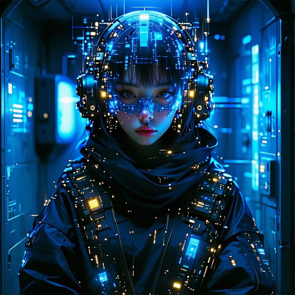 AI generated:  Portrait of a futuristic cyberpunk rebel leader, girl, centered, adorned with revolutionary tech, i...