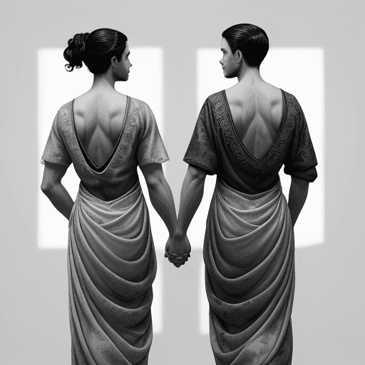 AI generated: a gay father holding hands of their children, back view in the style of ink wash paintings, graceful...