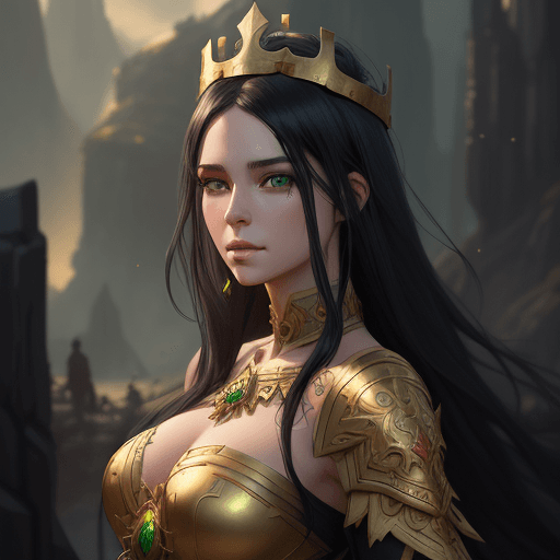 AI generated: 4k fantasy art, black haired woman with green eyes, with a golden crown in the hair, art of wlop, wl...