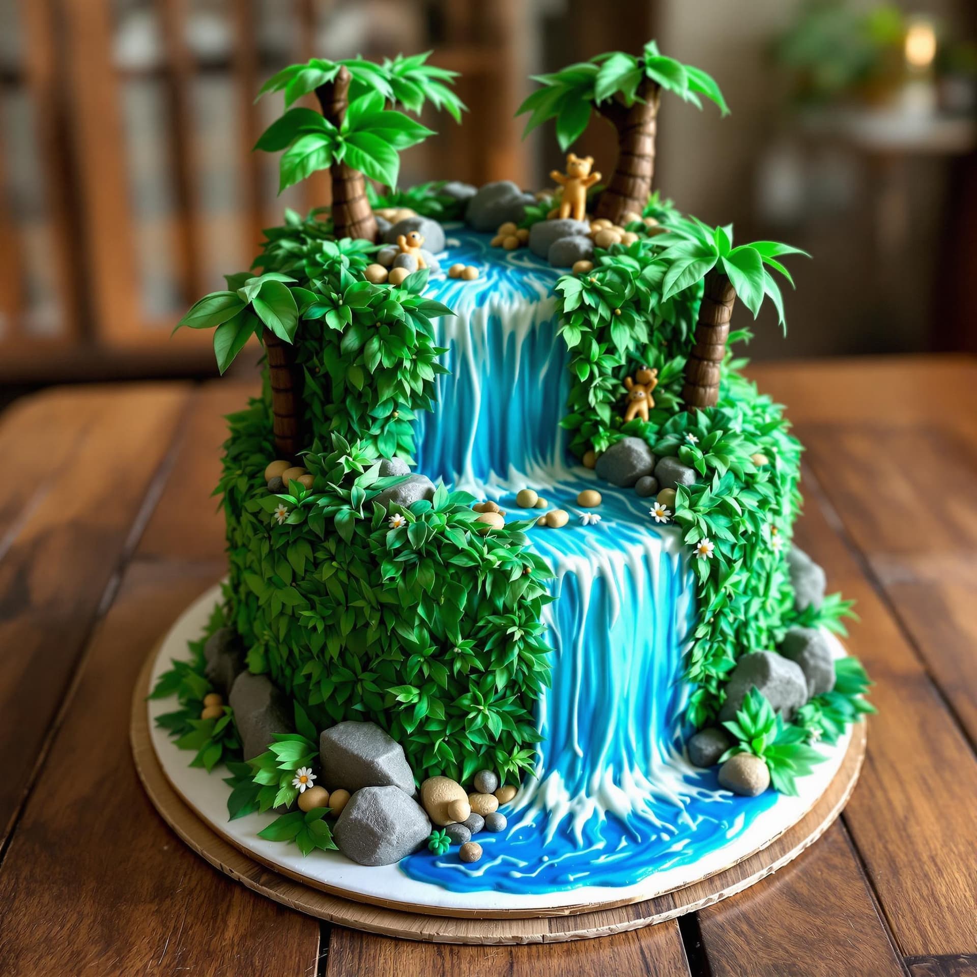 AI generated: A vibrant jungle-themed cake crafted with layers of moist vanilla sponge and filled with rich, tropi...