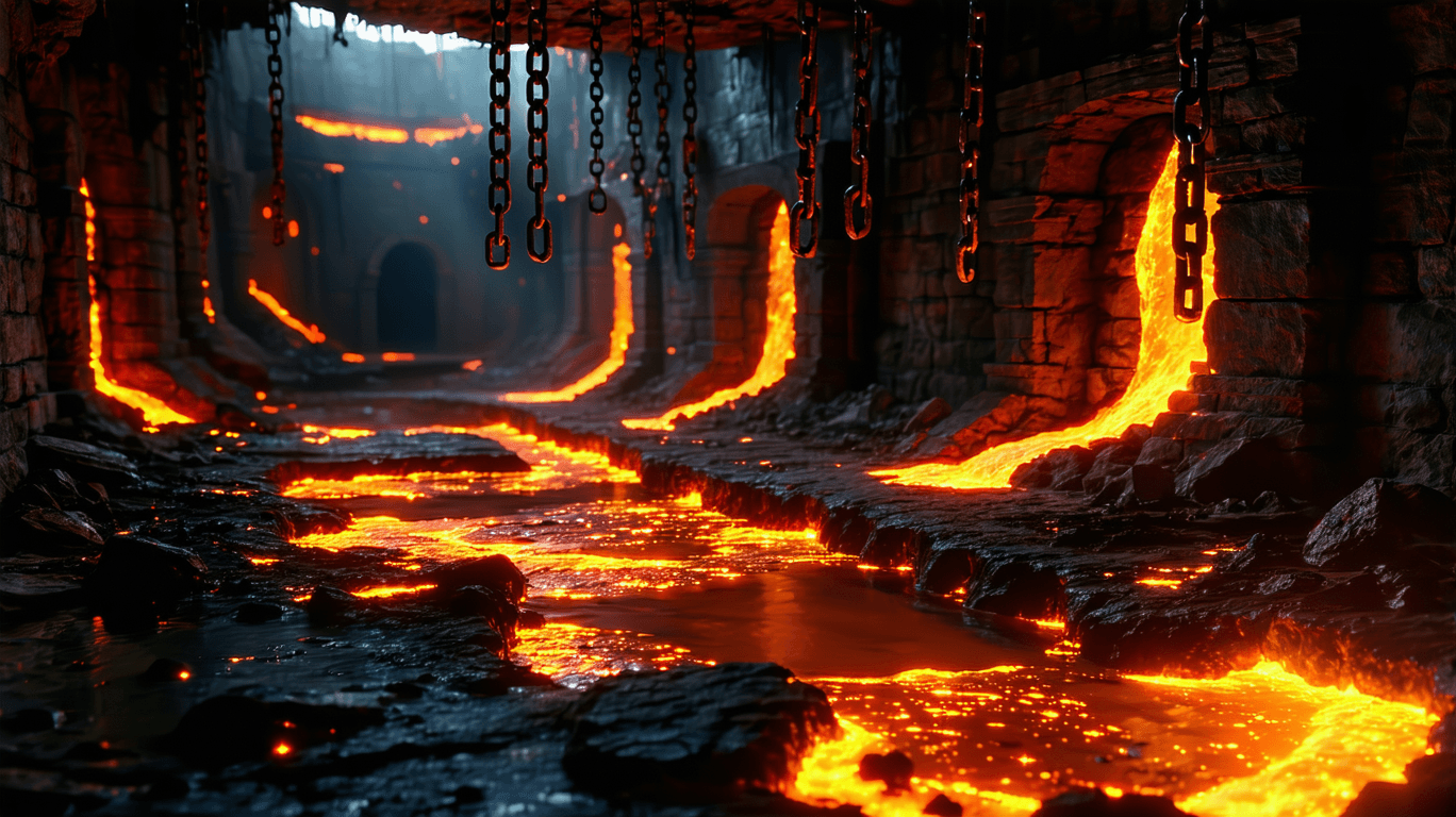 AI generated: Dark dungeon setting with lava pools casting warm light, chains hanging from ceiling. Atmospheric li...