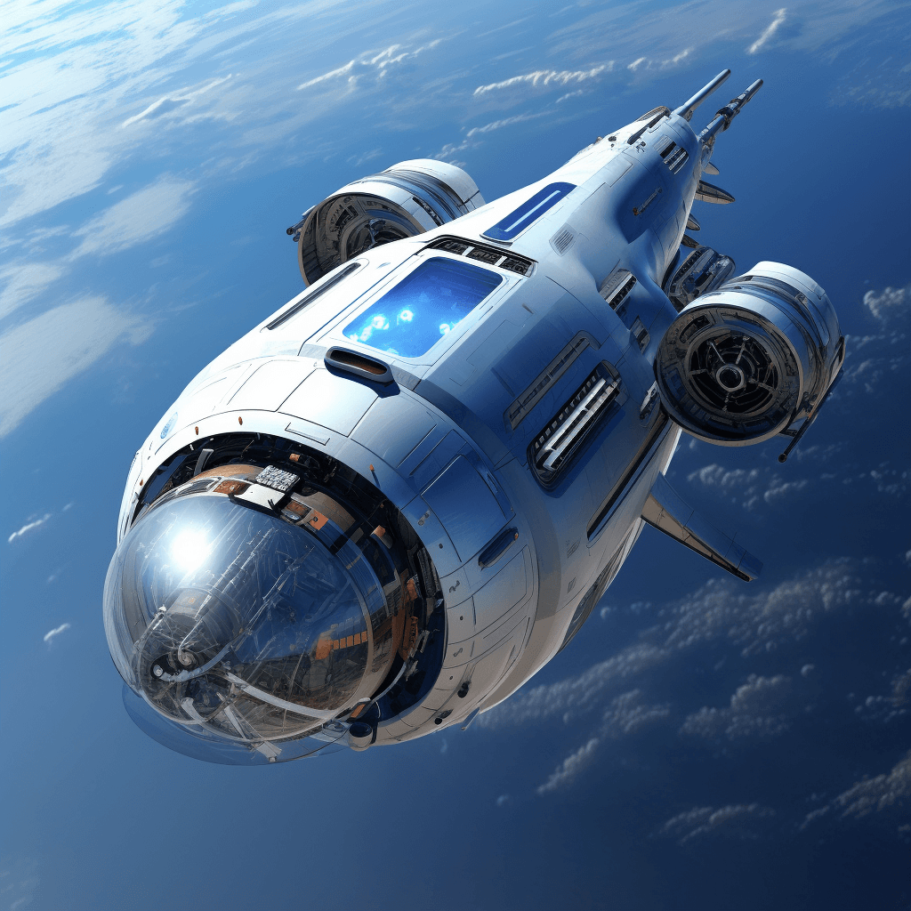 AI generated: spherical ball shaped spaceship bluish hull with ring bead, extended telescopic landing gear, perry ...