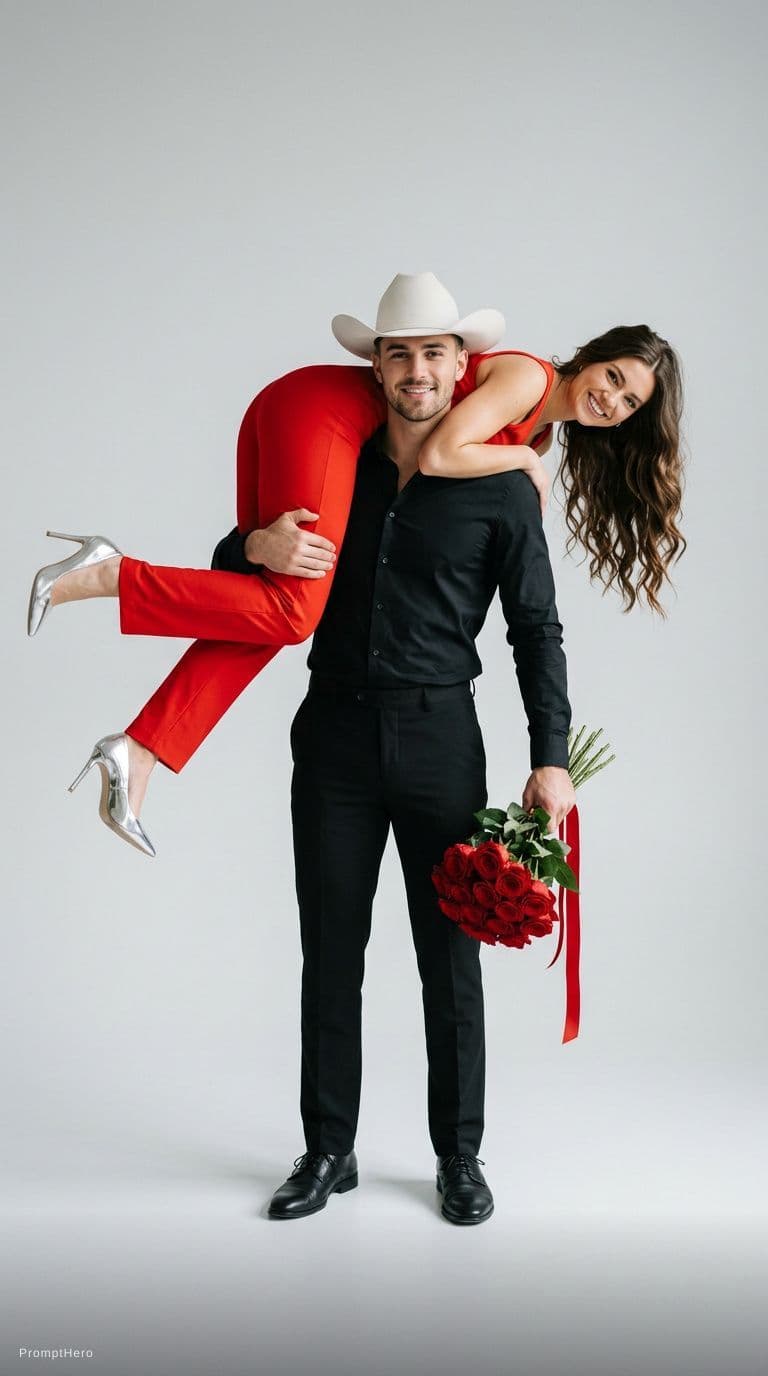 AI generated: Ultra realistic studio couple portrait, romantic fashion editorial photoshoot, minimalist studio bac...