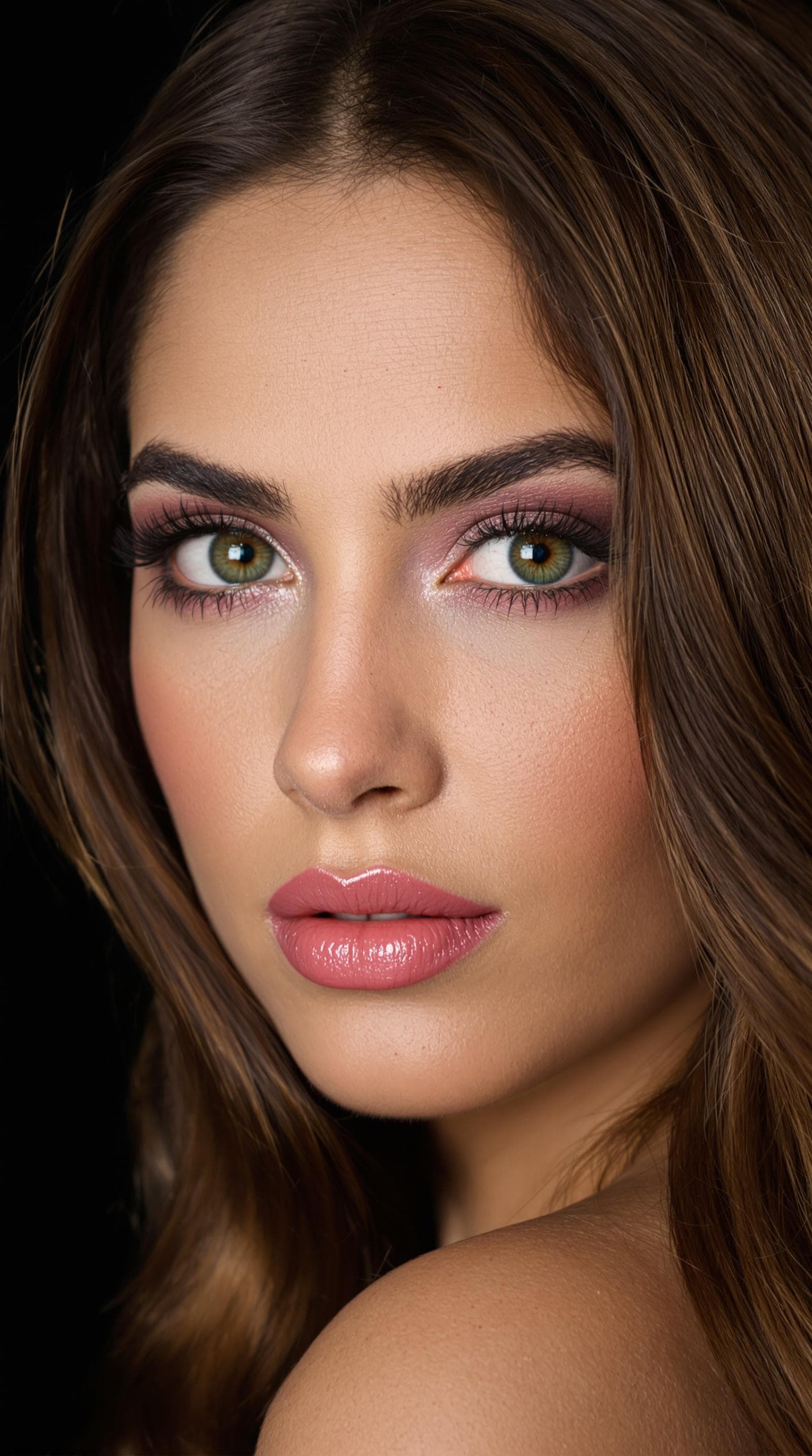 AI generated: "The image is a striking close-up portrait of a woman with lustrous, chestnut brown hair cascading l...