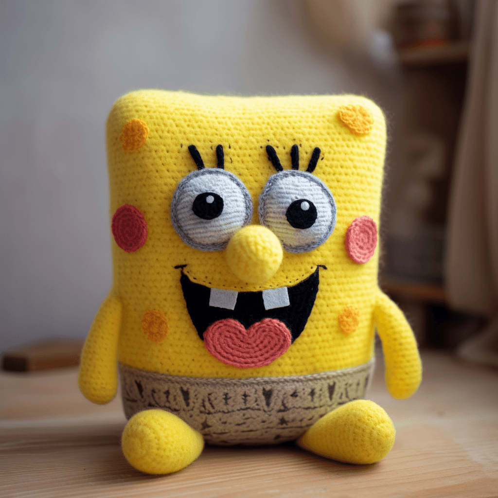 AI generated: knitted Sponge Bob plush toy