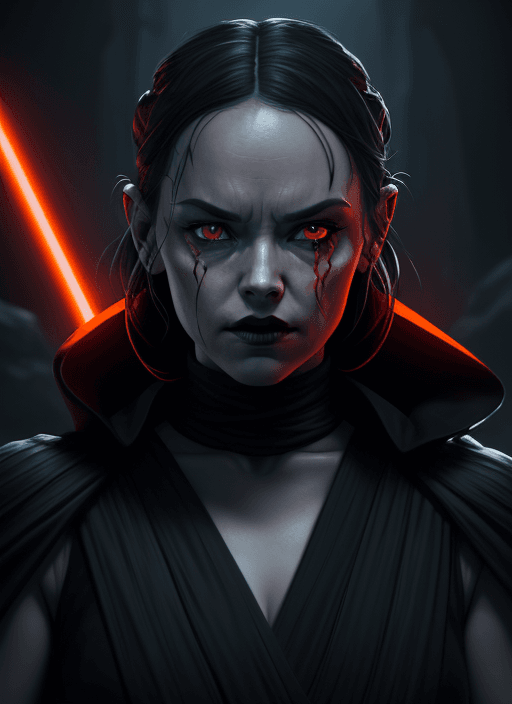 AI generated: Corrupted by evil Rey Skywalker (daisy ridley face) as sith in  Black Sith Robe, black red lips, ora...