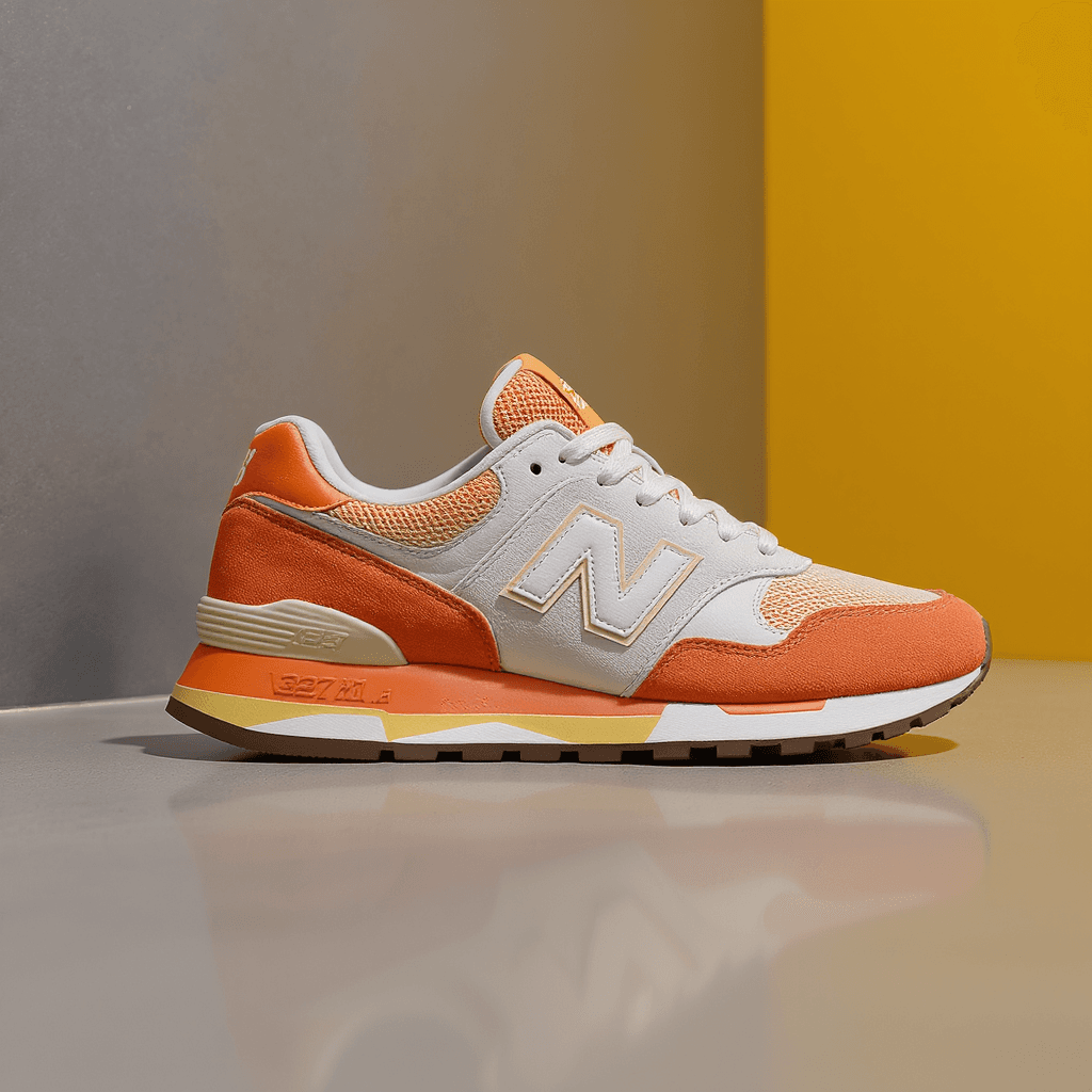 AI generated: photograph, productive, New Balance 327, white and orange, yellow, reflection