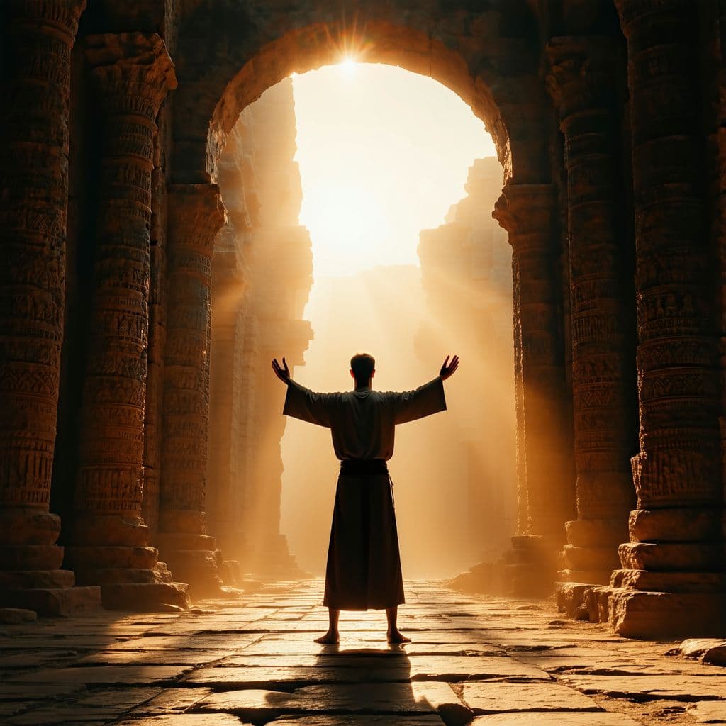 AI generated: "A lone man stands before a grand ancient archway, bathed in soft golden light. His hands are raised...