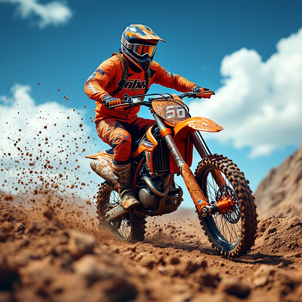AI generated: Create a highly detailed and dynamic image of a motocross biker riding through a muddy terrain. The ...