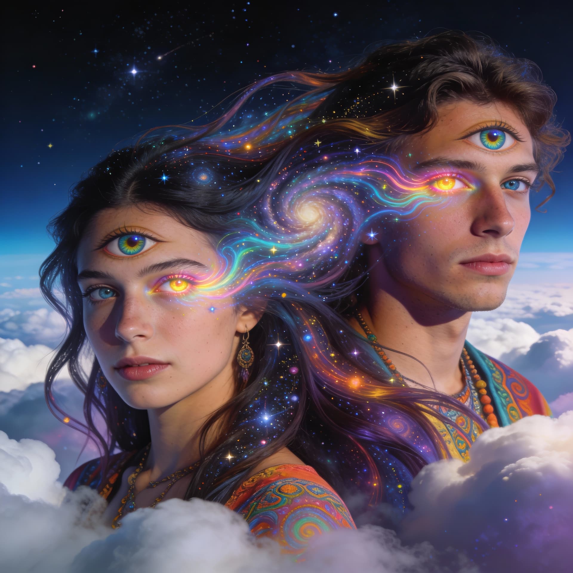 AI generated: Psychedelic, surreal, photo illustration from a world in the clouds, a surrealistic young Hippy man ...