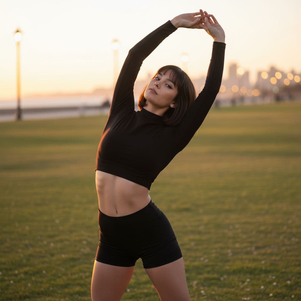 AI generated: photo of a 17year old Bugis-Pashtun female graceful dancer, Tight, sculpted obliques that frame a fl...