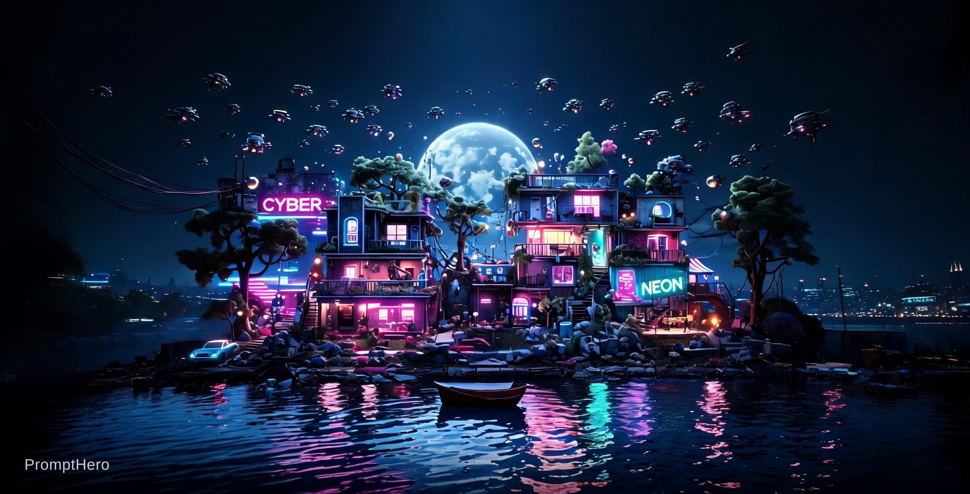 AI generated: cyberpunk, neon overload, overcrowded, too many drones, futuristic chaos, dark shadows without detai...