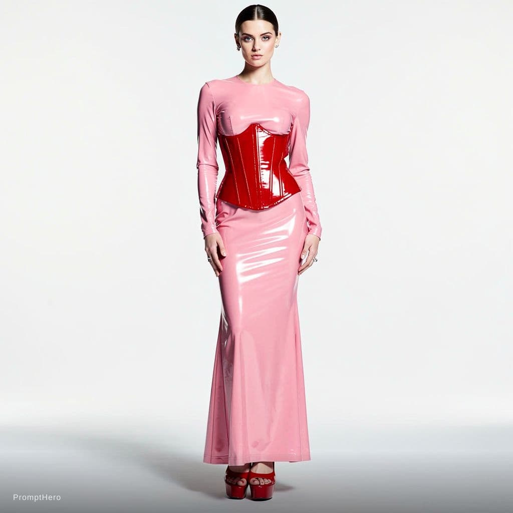 AI generated: a model in pink full body latex dress, with red corset and red plateau peep toe high heels

