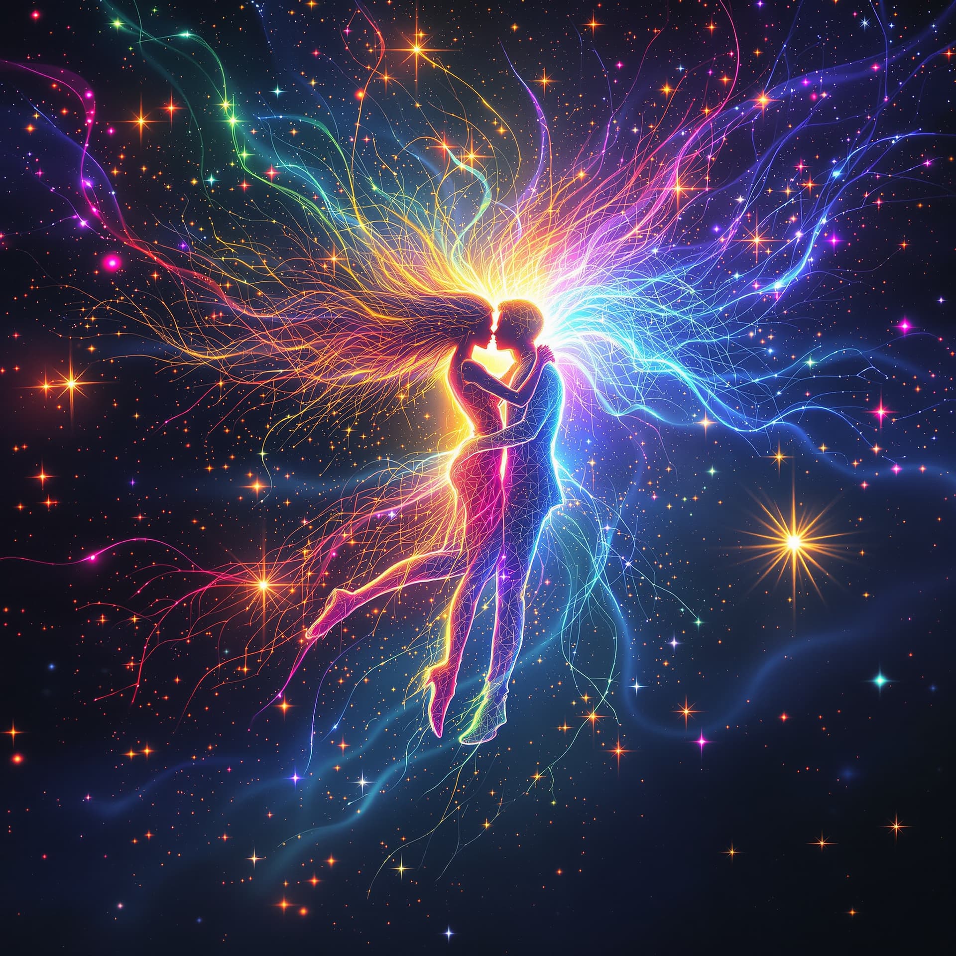 AI generated: Psychedelic, deep color. A surreal representation of existence as pure energy, showing a female and ...
