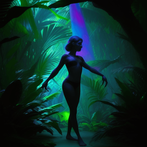 AI generated: En las profundidades de una hipnótica jungla de neón claroscuro, colores vibrantes y sombras contras...