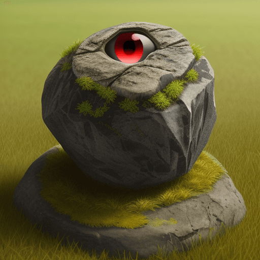 AI generated: living rock. red eye with rock lags standing on grass in a field