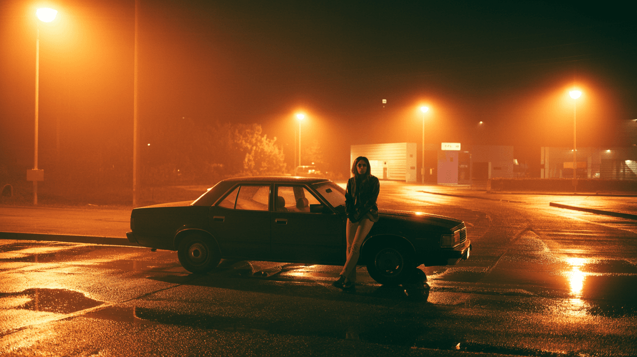 AI generated: Empty suburban parking lot at night under orange sodium lights, wet asphalt, a single figure leaning...