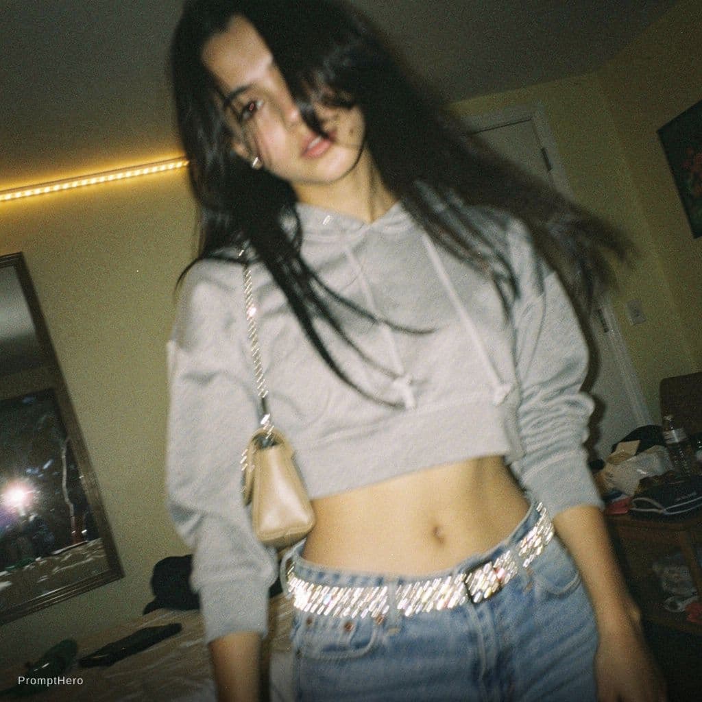 AI generated: a lo-fi 2010s-era, diagonally taken, low-quality iPhone photo of a 20-year-old baddie. The shot is i...