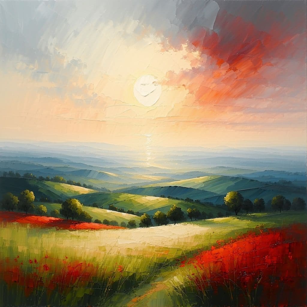 AI generated: "An abstract oil painting capturing the essence of a sunset over the countryside. The composition is...