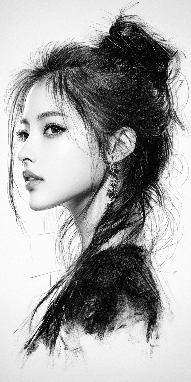 AI generated: lithograph of a beautiful woman, side view, slight smile, white background, dramatic lighting, sketc...