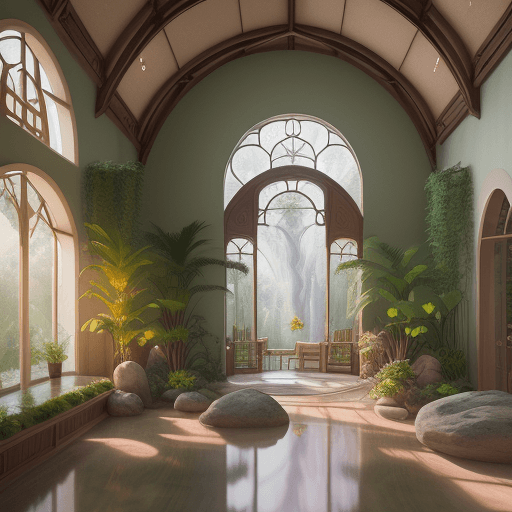 AI generated: High resolution photography interior design, dreamy wellness center, biophilia, arch windows, water,...