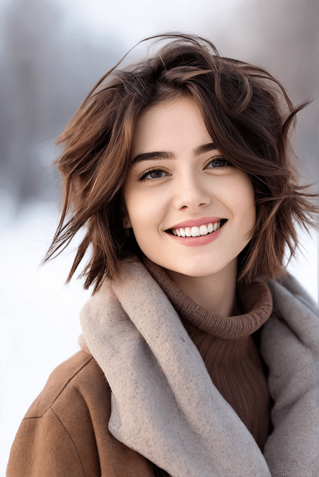 AI generated: A close-up portrait of a beautiful girl, smiling, Asymmetrical Cut hair style, winter outdoor settin...