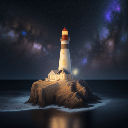 AI generated: a little lighthouse position at golden ratio light up cross the shore of galaxy, surreal, intricated...