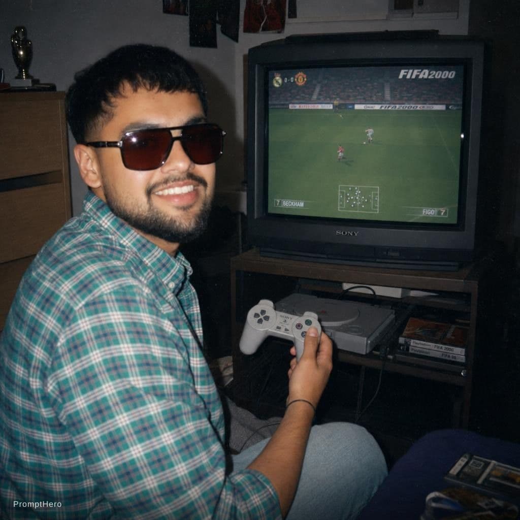 AI generated: Grungy analog photo of Luis Figo circa 2000 playing Fifa 2000 on Playstation 1 on a 90s CRT TV in a ...
