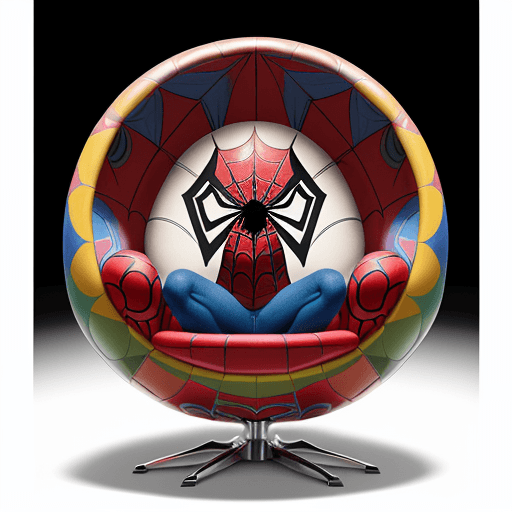AI generated: product photography, a colorful egg chair with motif spiderman  pattern on it, in the style of esteb...
