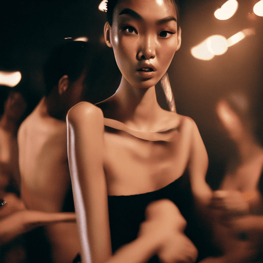 AI generated: 24yo voluptuous filipin supermodel, perfect slender collarbone, dancing at night club, she is gliste...