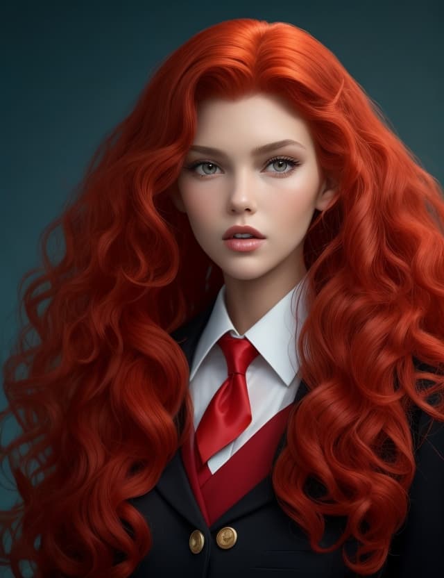 AI generated:  beautiful face , red curled hair , black eyes , fraggels, great shape , school uniform, realistic ,...