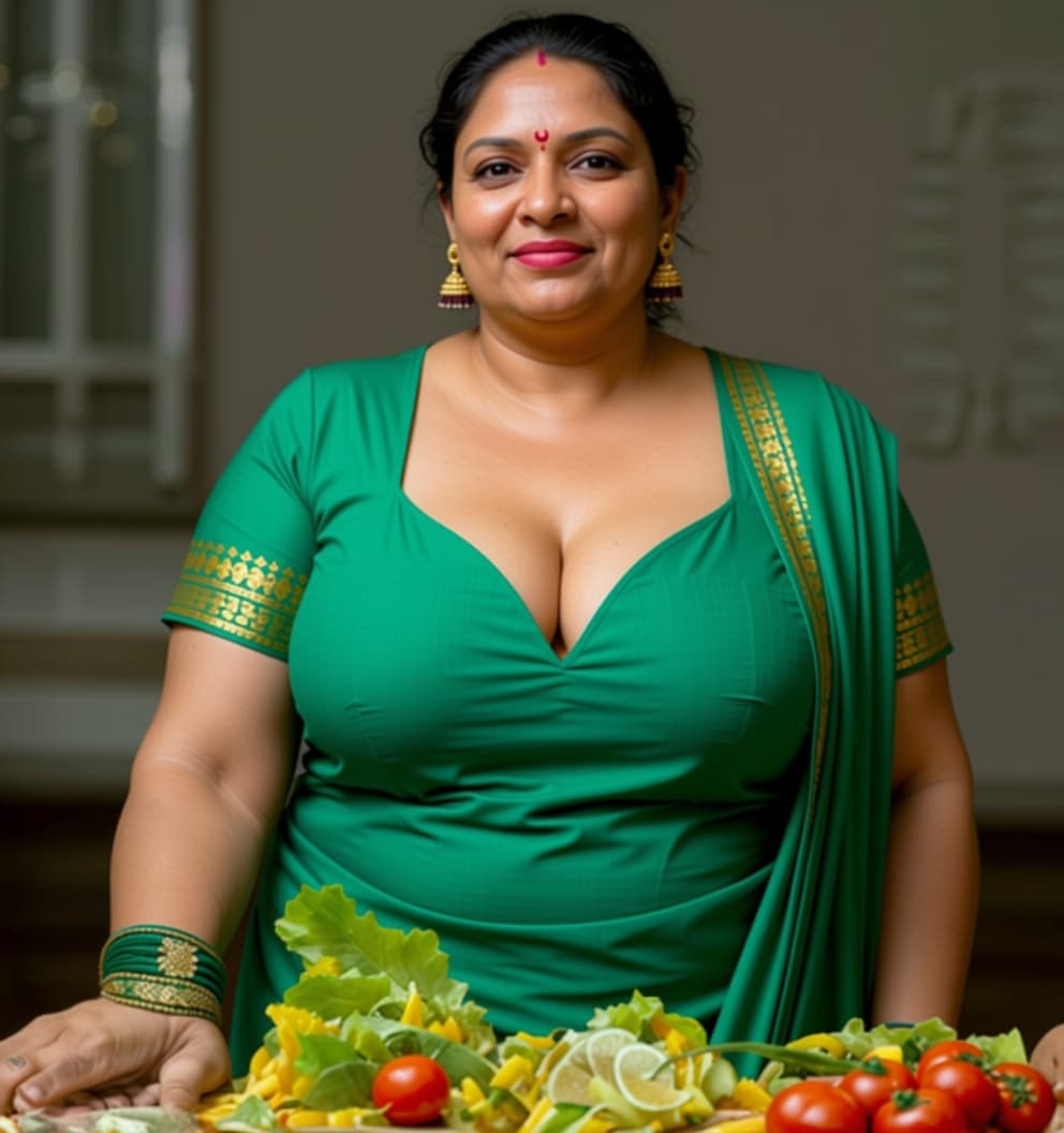 AI generated: use attached images and create AN indian 35 year chubby fair open naval , drop pallu, big boobs ,des...