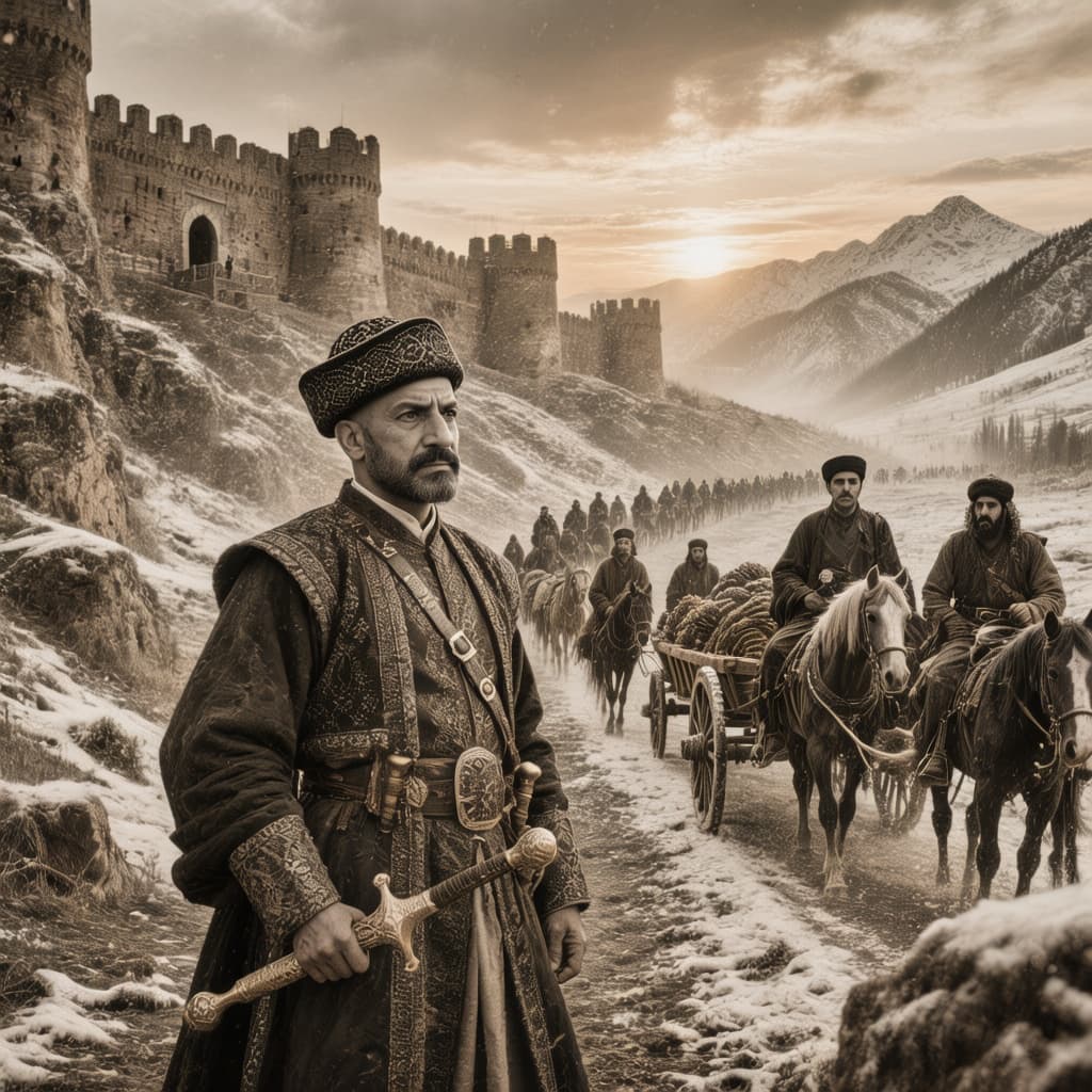 AI generated: Historical Ottoman scene 1510s, Yavuz Sultan Selim era, Amasya fortress background, brave Ottoman be...