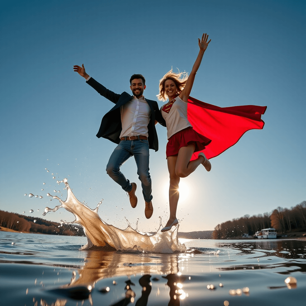 AI generated: Action shot from a low angle: A couple joyfully leaping over a splash of water that freezes into ice...