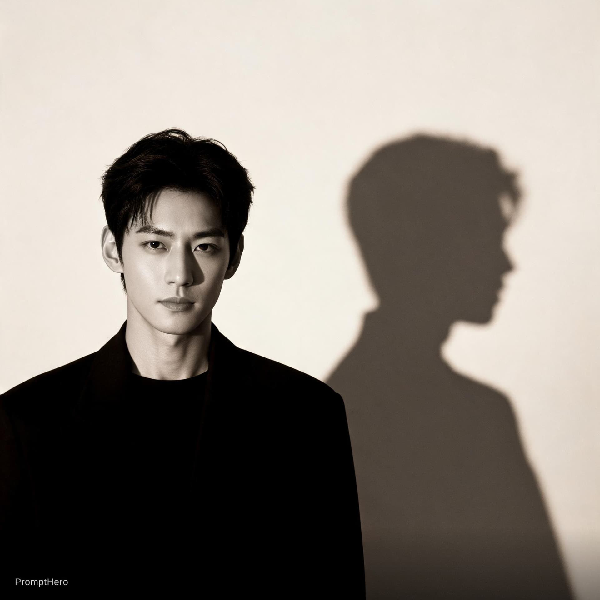 AI generated: a black and white photo of a man  with shadow.,in the style of minimalist beauty,light bronze and br...