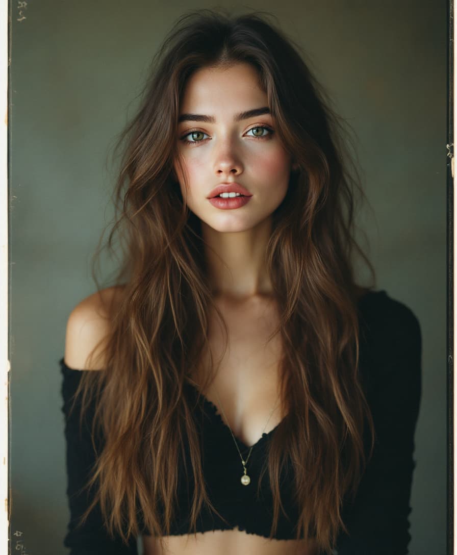 AI generated: Anjelina , 21-28 years old, brown hair, high-quality photo portrait, shot on a Polaroid camera, doub...