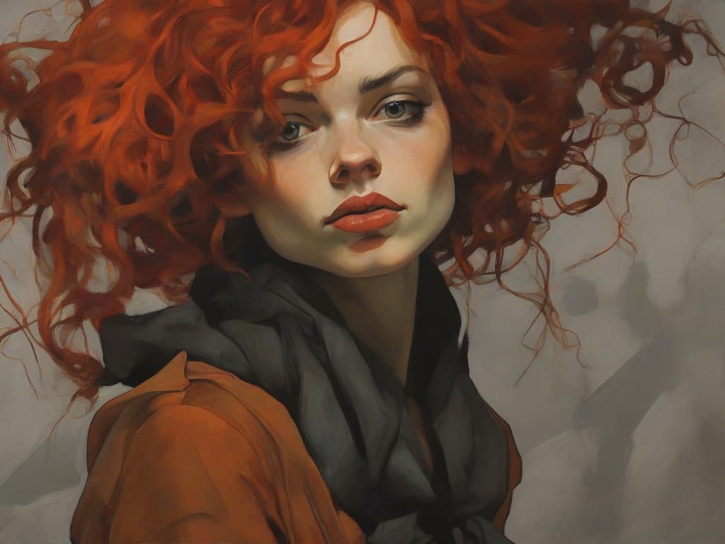 AI generated: a painting depicting a woman with hair red and a scarf, in the style of egon schiele, necronomicon i...