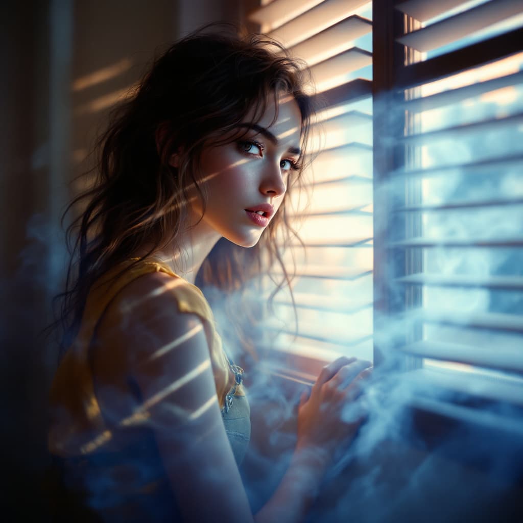 AI generated: A hyperrealistic, cinematic shot of a female near a window with light streaming in through the slats...