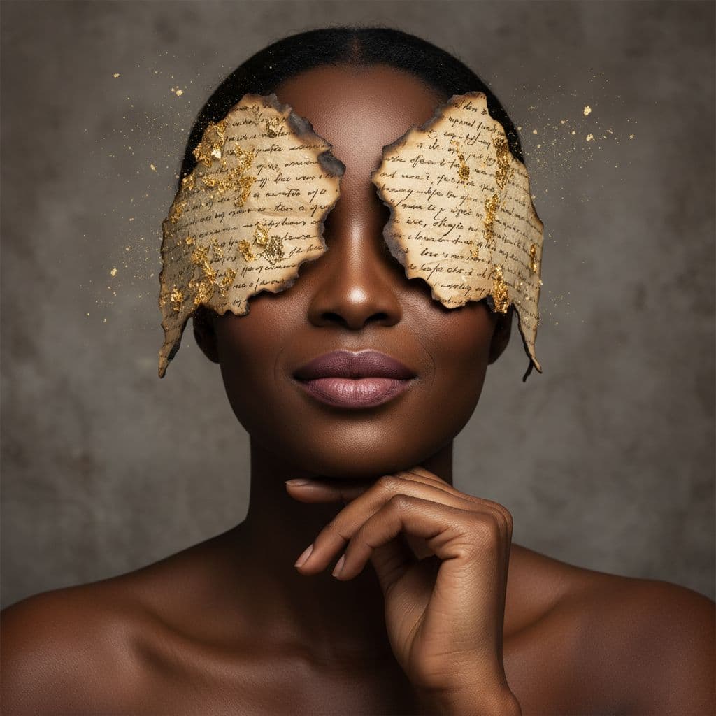 AI generated: Dark-skinned woman, mid-20s, close-up portrait,  with a thoughtful and contemplative expression.  He...