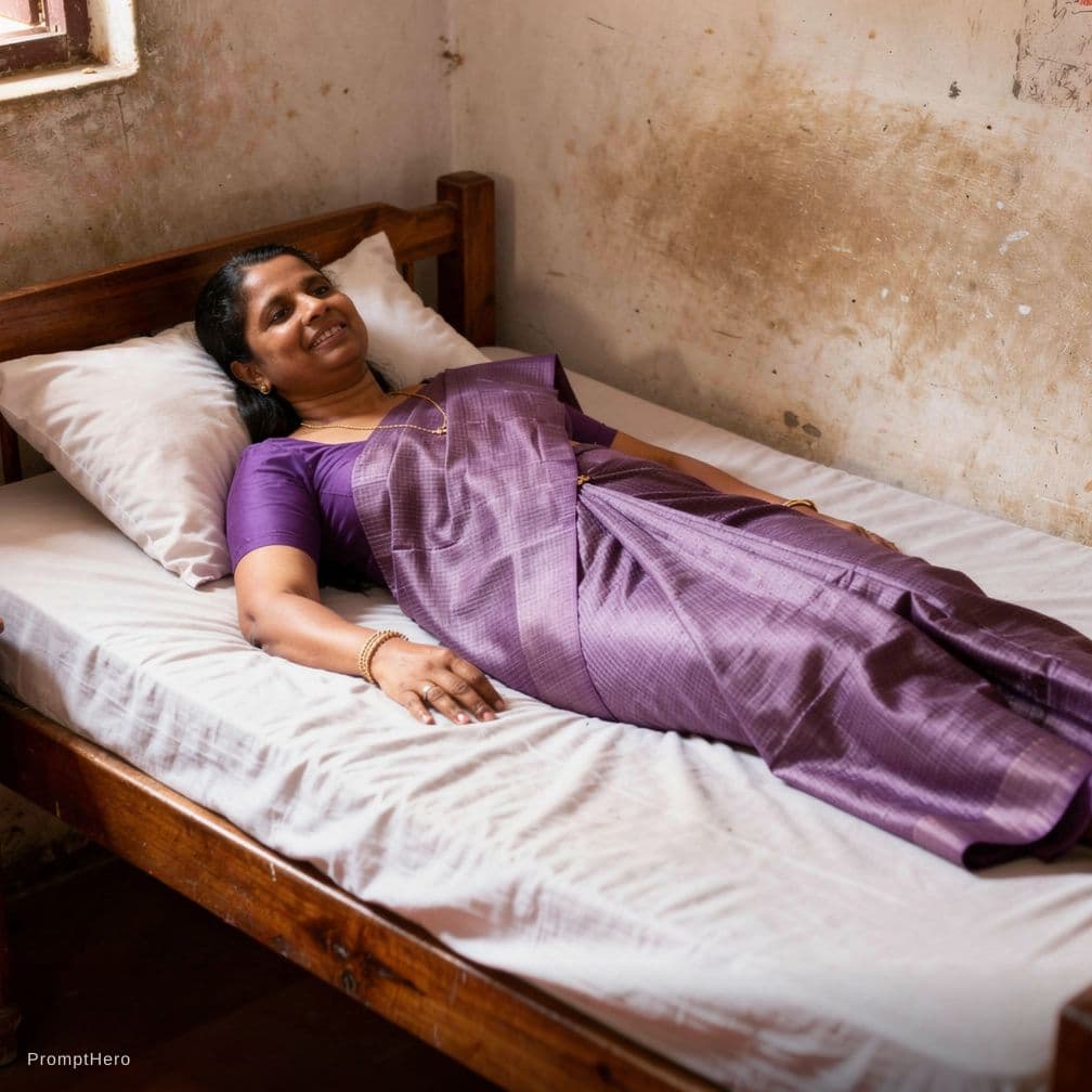 AI generated: Kerala village aunty on her bed . showing her thighs navel and cleavage 