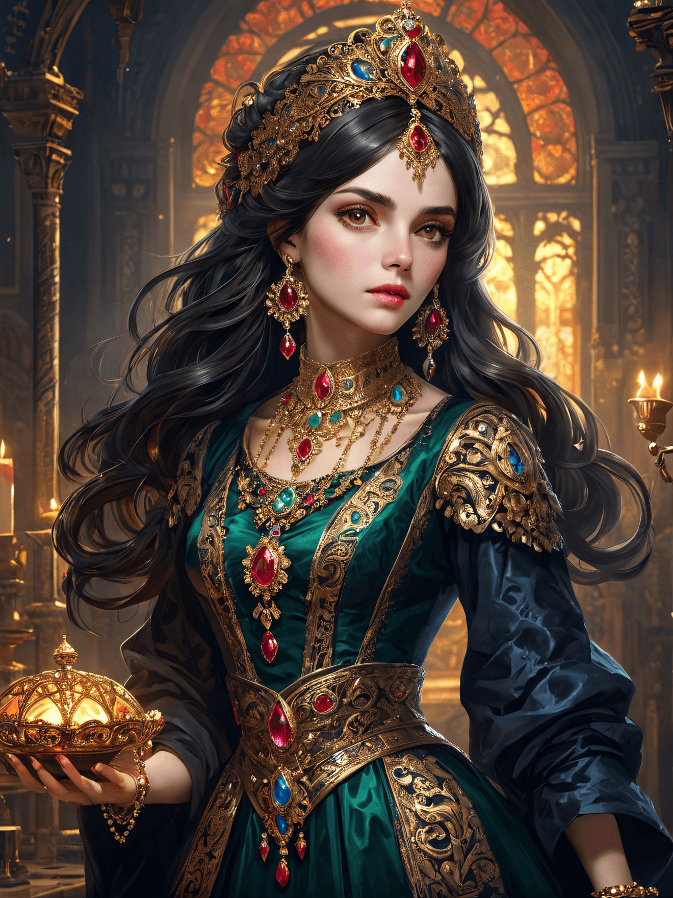 AI generated: Masterpiece, Best Quality, beautiful dark haired woman , ornate clothes, elaborate jewels , 8k, UHD,...