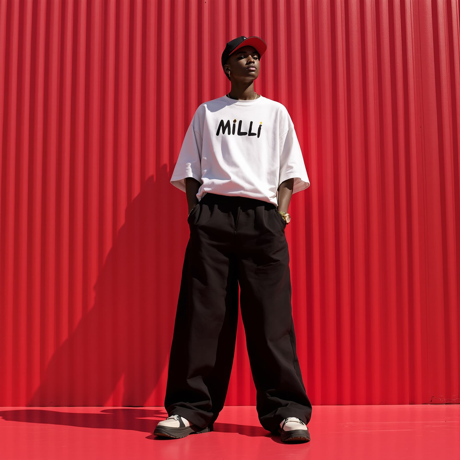 AI generated: capturing a casual yet stylish vibe, a figure in a loose, oversized black street wearing and wide-le...