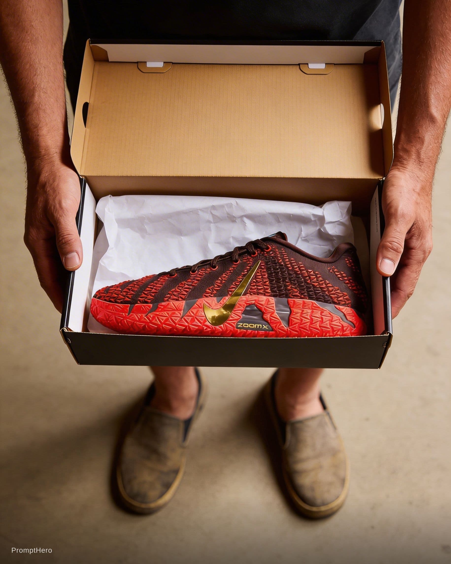 AI generated: A man wearing simple worn shoes, holding a box of new shoes he is giving to someone in need, emotion...
