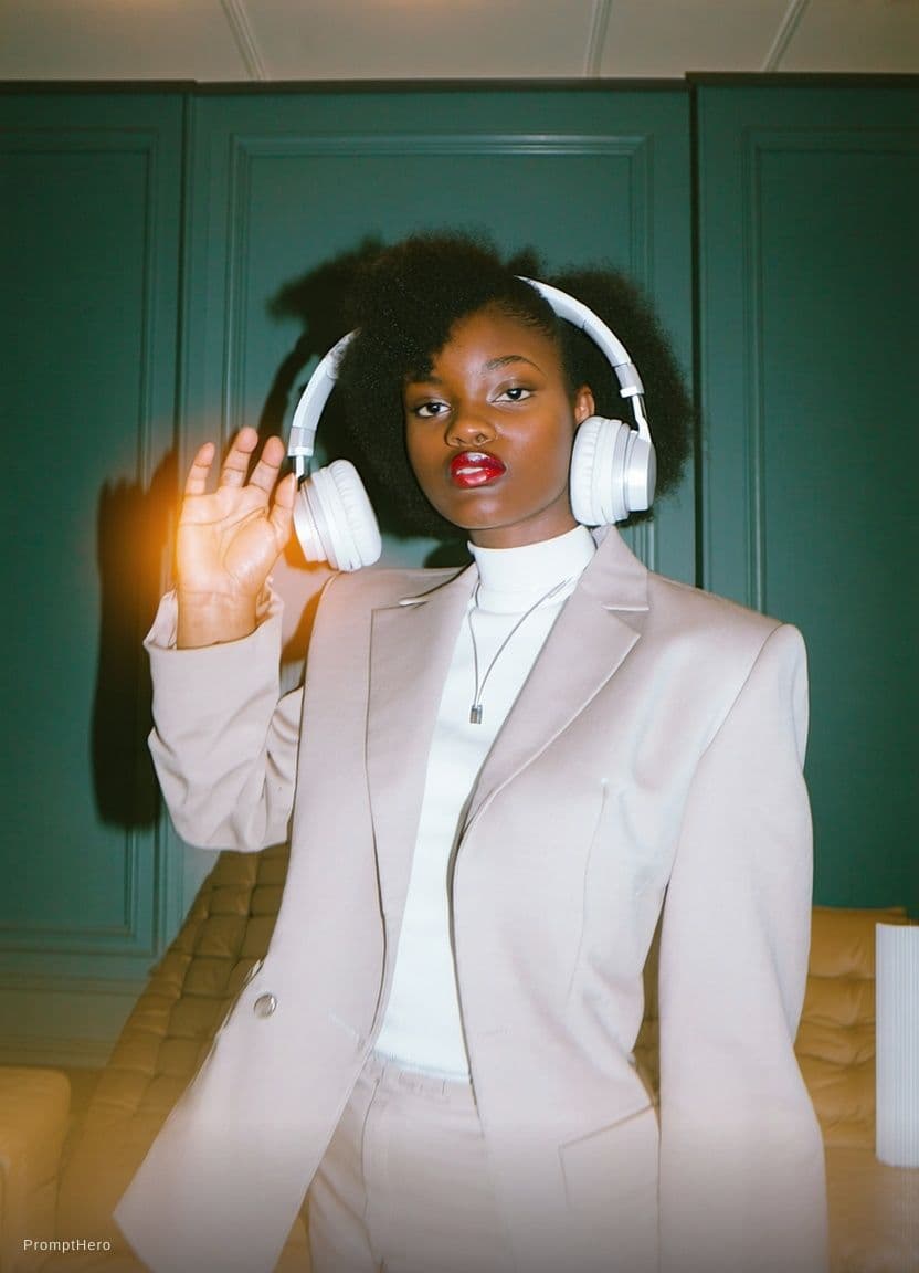 AI generated:  holding a pair of headphones in their hand, floating headsets, wearing modern headphone, headset, h...