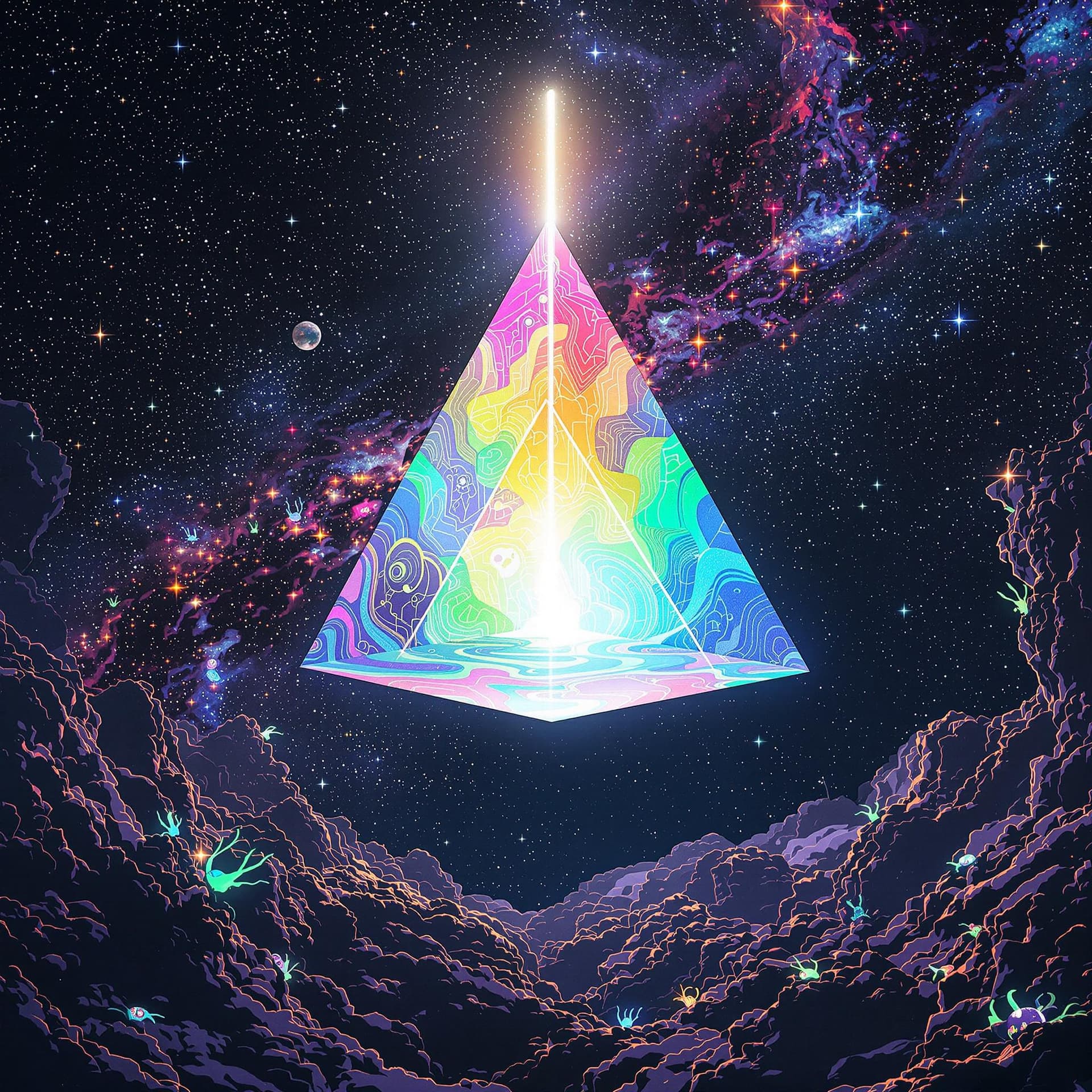 AI generated:  Trippy, psychedelic, and surreal, A giant, clear three-sided prism floating in outer space with whi...