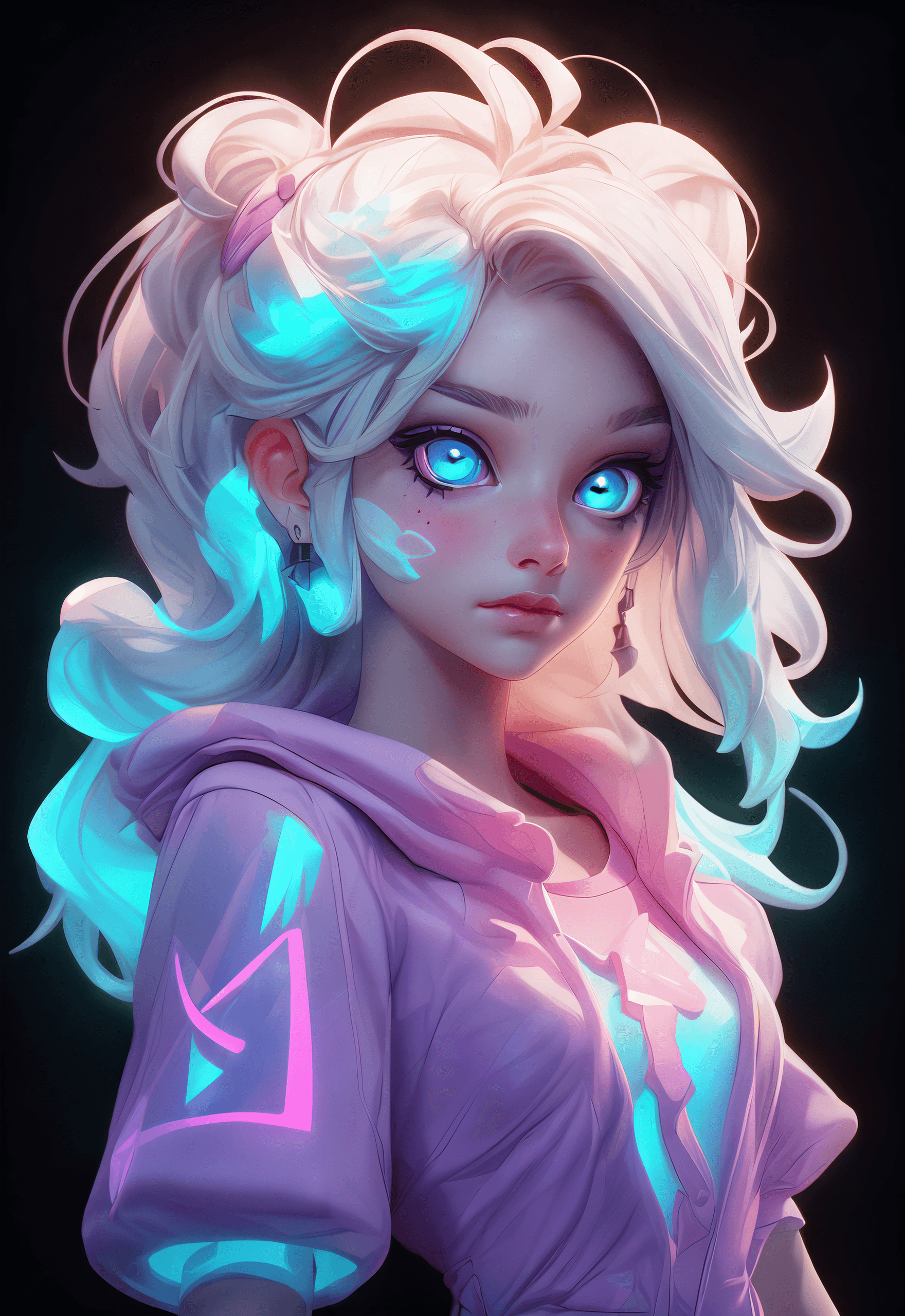 AI generated: portrait of a teenage girl, style hologram, bloom, glow effects, detailed face, lavender eyes, <lora...
